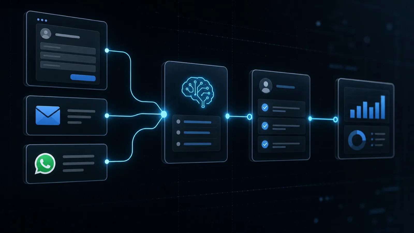 Workflow di automazione AI per PMI con n8n, CRM, WhatsApp, email e report