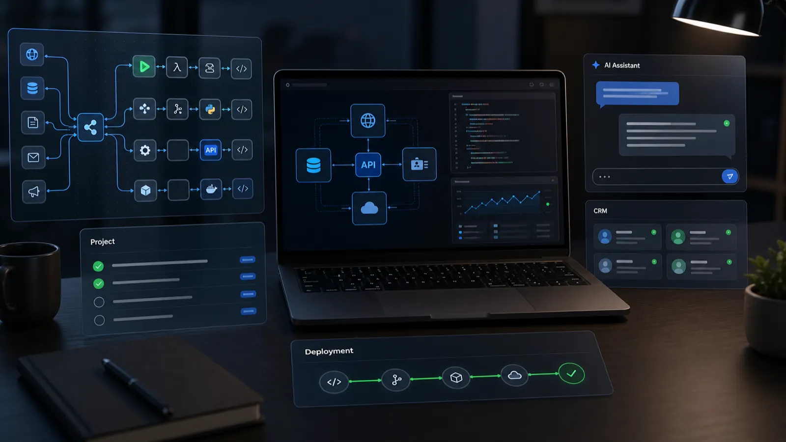 Architettura software con API, database, assistente AI, CRM e automazioni per PMI