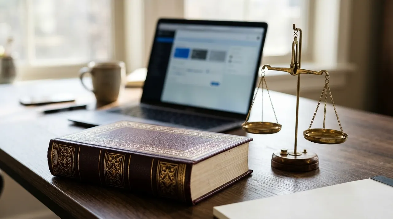 Scrivania con codice civile chiuso, bilancia della giustizia in miniatura e un laptop acceso con interfaccia generica, luce da finestra
