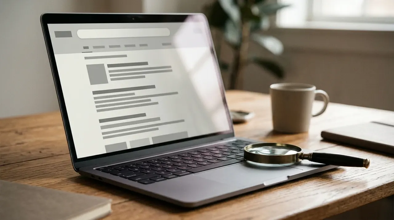 Laptop su una scrivania con una pagina di risultati di ricerca astratta (solo blocchi grigi) e una lente d'ingrandimento