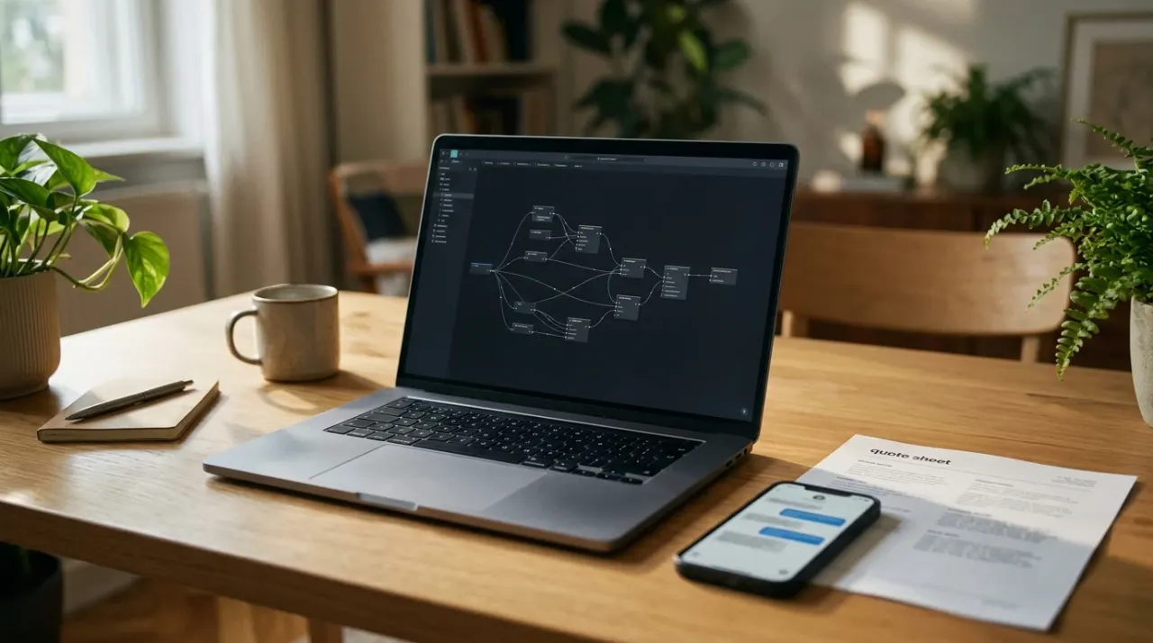 Scrivania con laptop che mostra un diagramma di flusso a nodi astratto, uno smartphone con una chat e un foglio di preventivo stampato