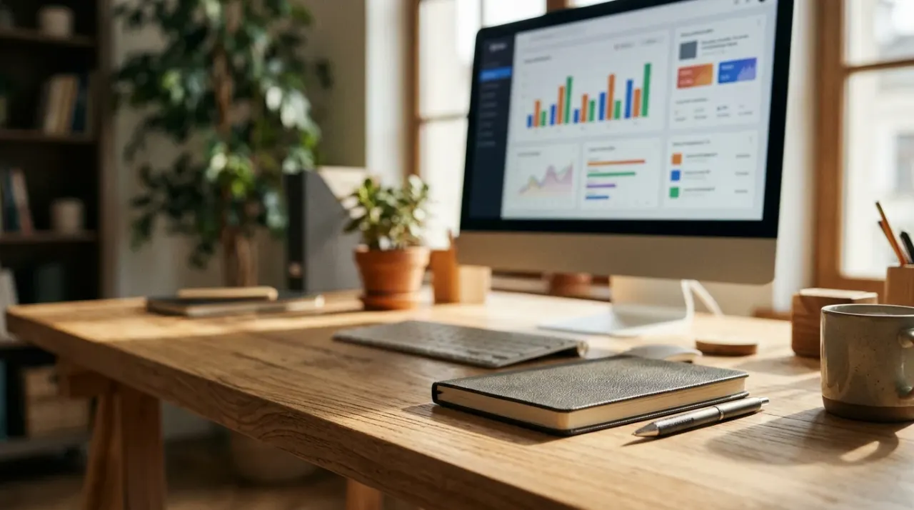 Ufficio con monitor che mostra una dashboard vendite astratta con grafici a barre, taccuino e penna