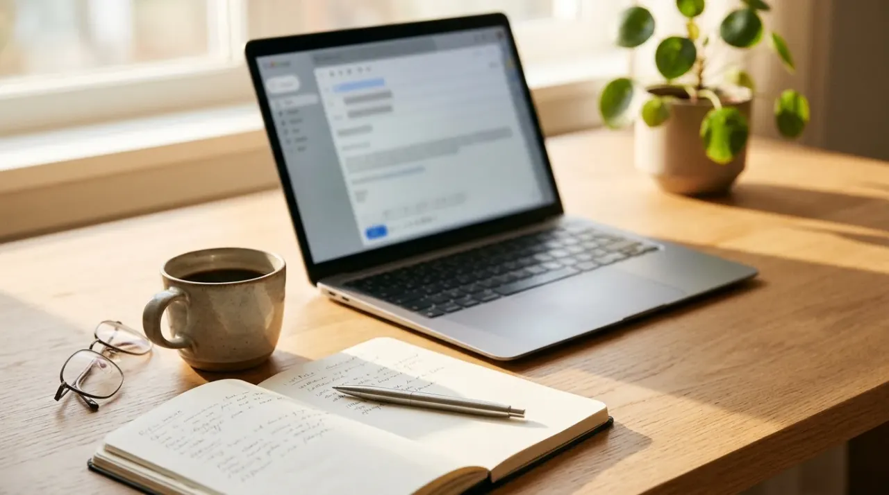 Scrivania con laptop aperto su una bozza di email astratta, tazza di caffè e taccuino