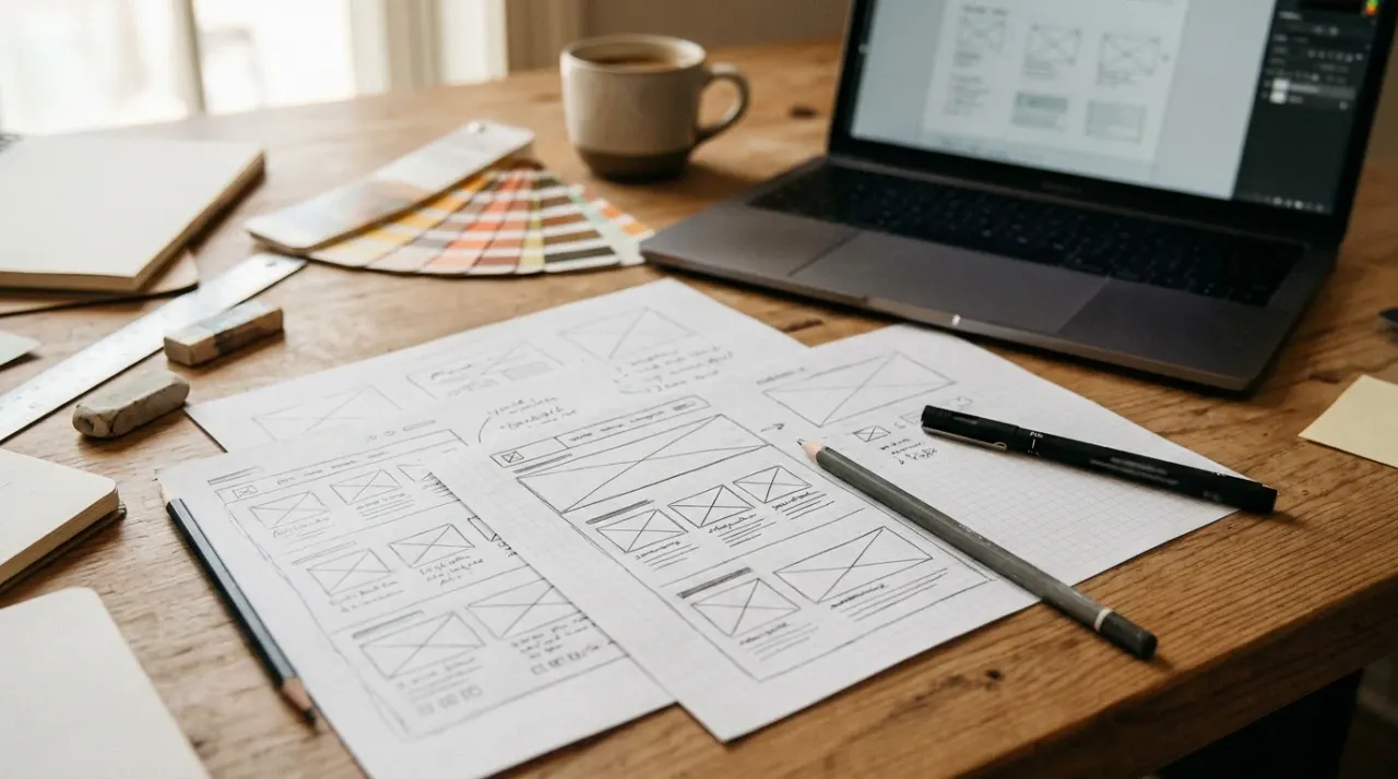 Tavolo da lavoro con schizzi a matita di un layout di sito su carta, laptop e campioni di colore