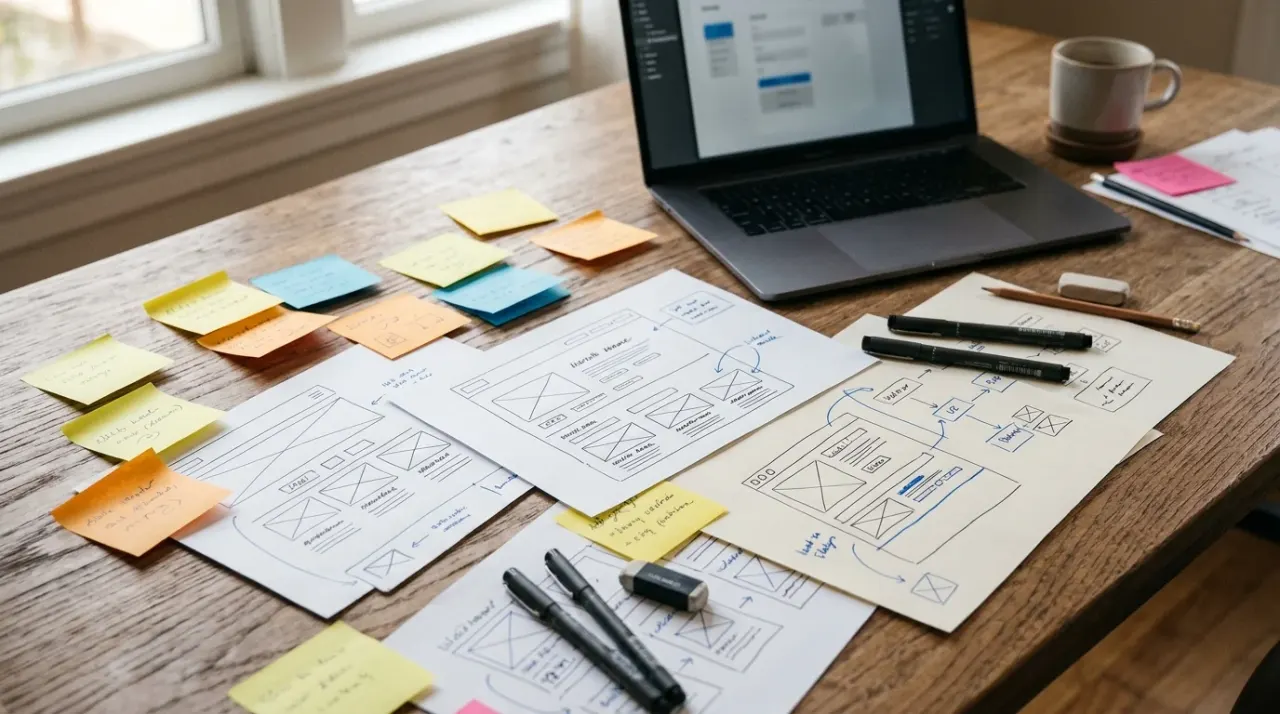 Wireframe disegnati a mano di una pagina web su fogli e post-it su un tavolo, laptop accanto