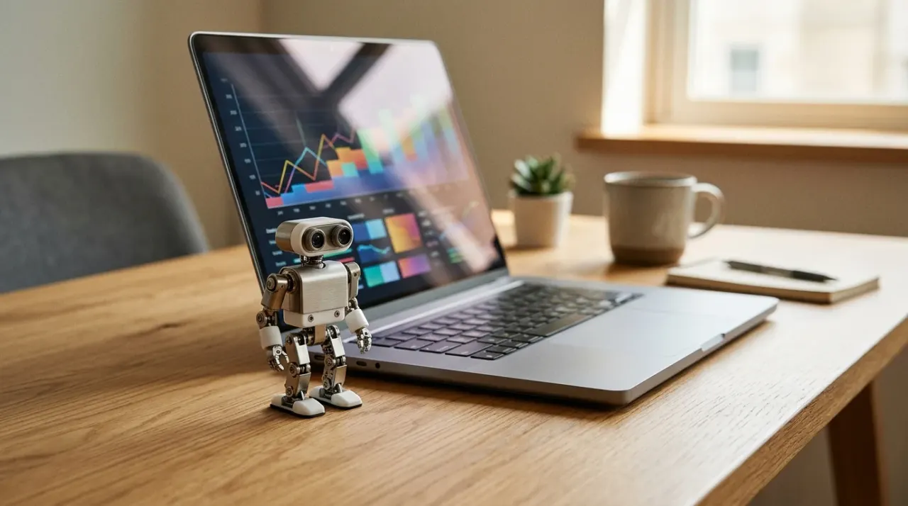 Scrivania moderna con laptop che mostra un grafico astratto e un piccolo robot da scrivania in miniatura