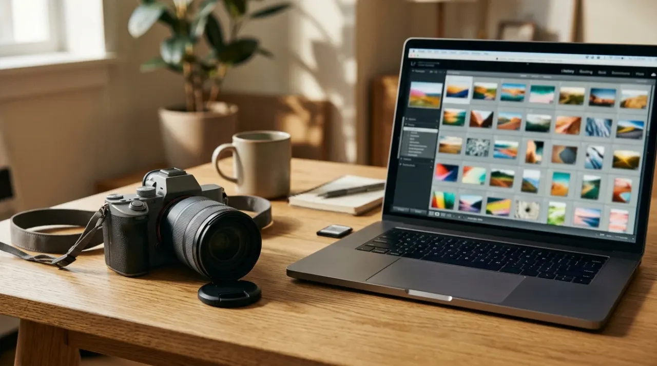 Fotocamera mirrorless e laptop con una griglia di anteprime di foto astratte su una scrivania