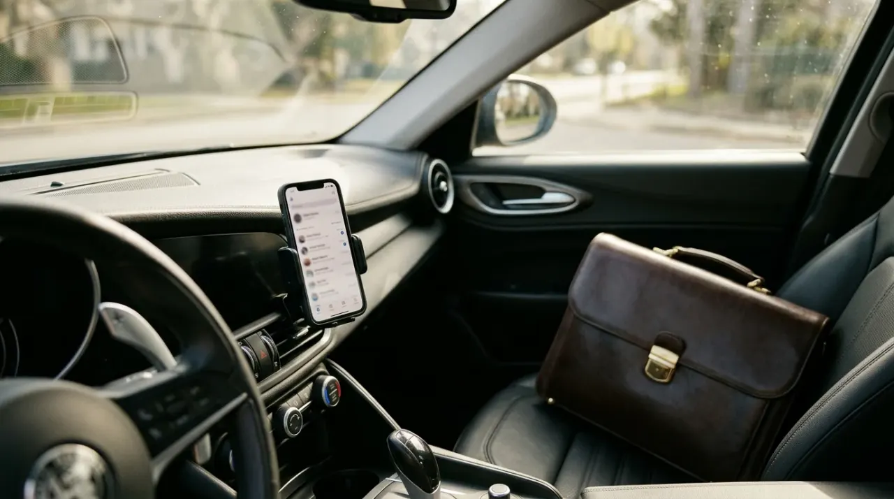Cruscotto di un'auto con uno smartphone su un supporto che mostra un elenco clienti astratto e una valigetta sul sedile