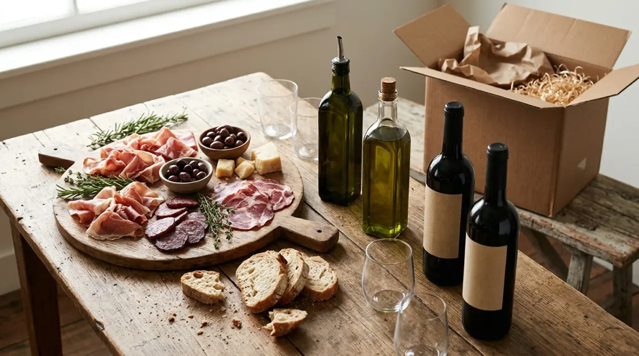 Bottiglie di olio extravergine e vino con un tagliere di salumi su un tavolo rustico di legno, scatola da spedizione aperta