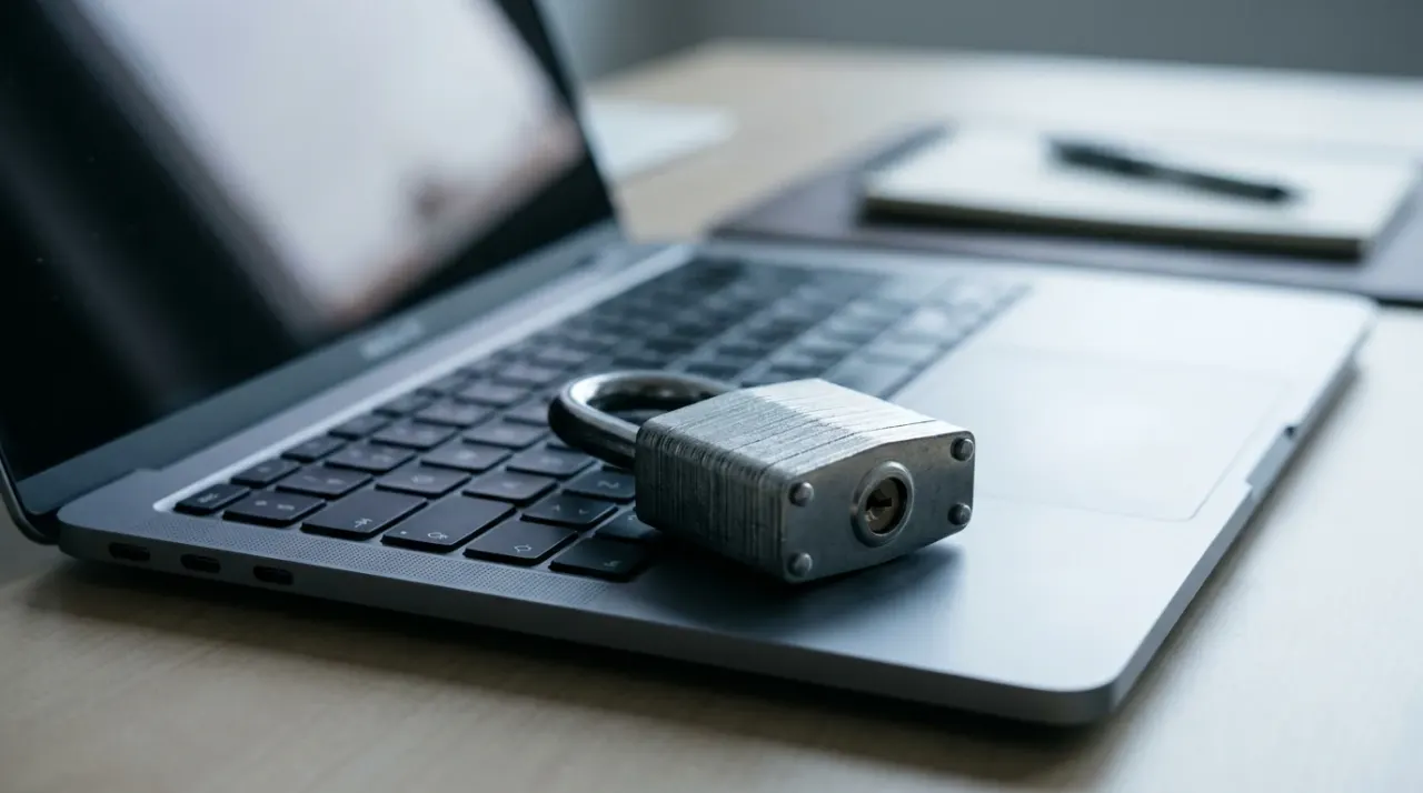Lucchetto chiuso su una tastiera di laptop, scrivania ordinata e pulita
