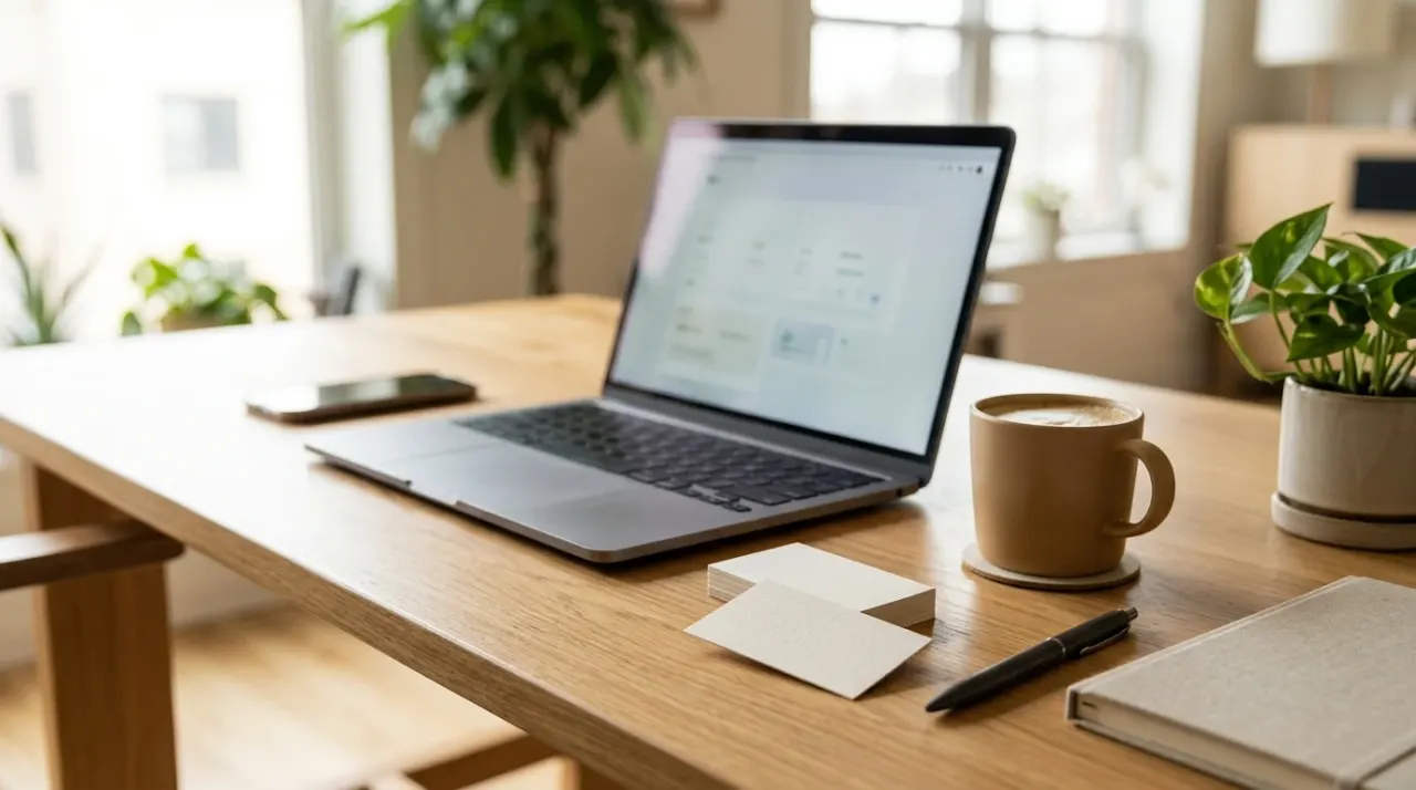 Scrivania professionale con laptop, biglietti da visita senza testo e una tazza di caffè, ufficio luminoso