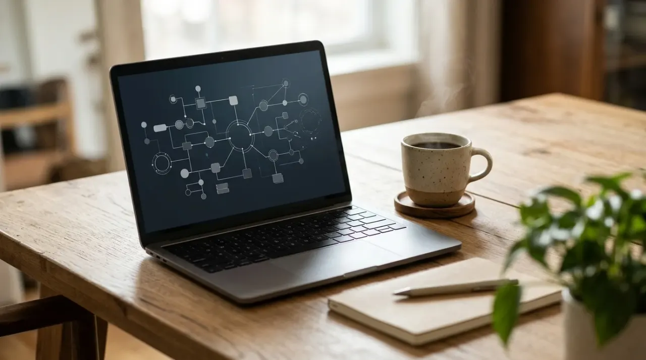 Schermo di laptop con un diagramma di flusso a nodi collegati astratto e una scrivania con tazza