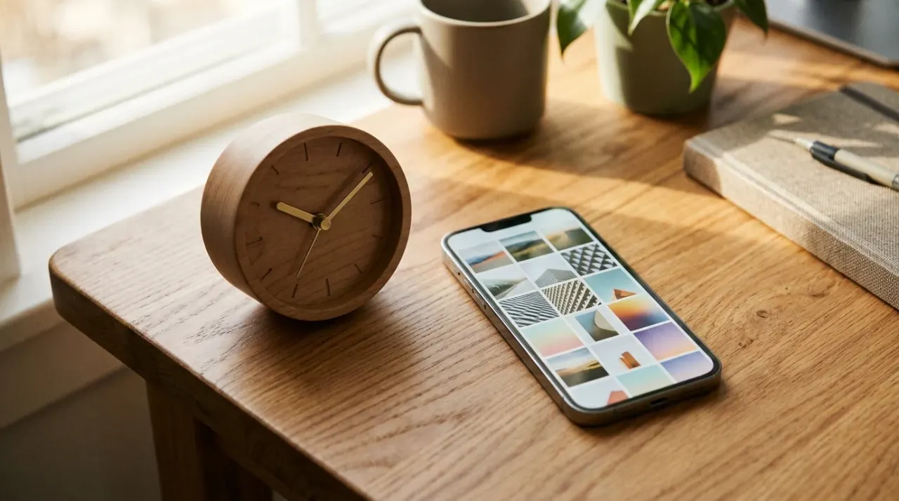 Orologio da tavolo accanto a uno smartphone appoggiato su un piano di lavoro con griglia di foto astratta sullo schermo