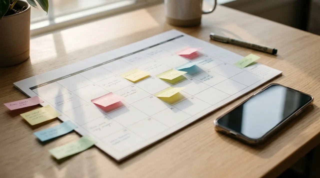 Calendario mensile stampato con post-it colorati e uno smartphone su una scrivania