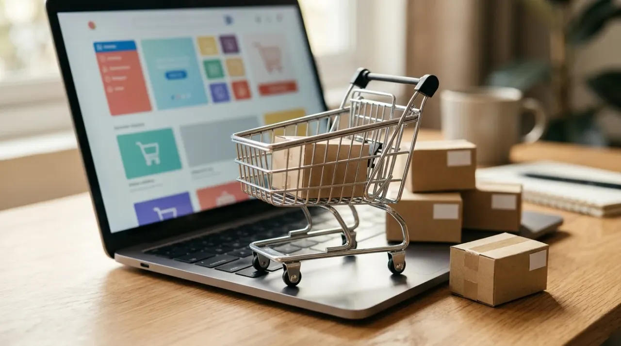 Carrello della spesa piccolo in metallo su un laptop con una pagina negozio astratta, pacchi di cartone accanto