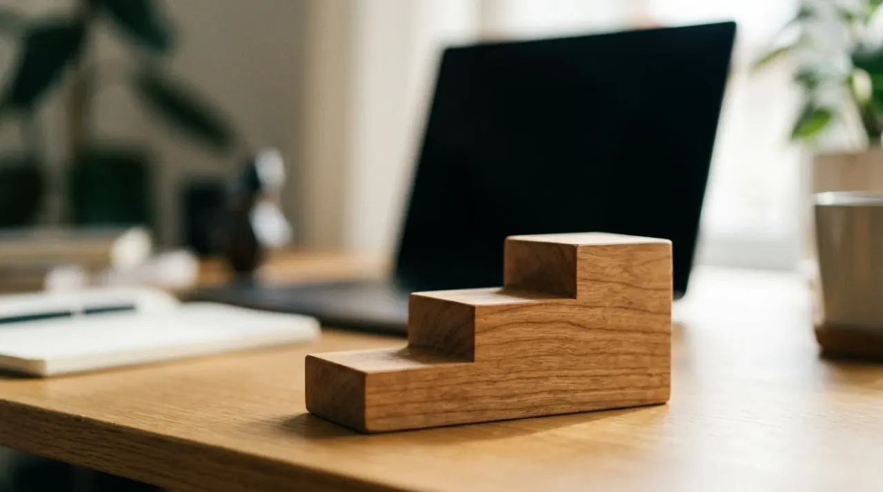 Podio di legno con tre gradini su una scrivania, laptop sfocato sullo sfondo