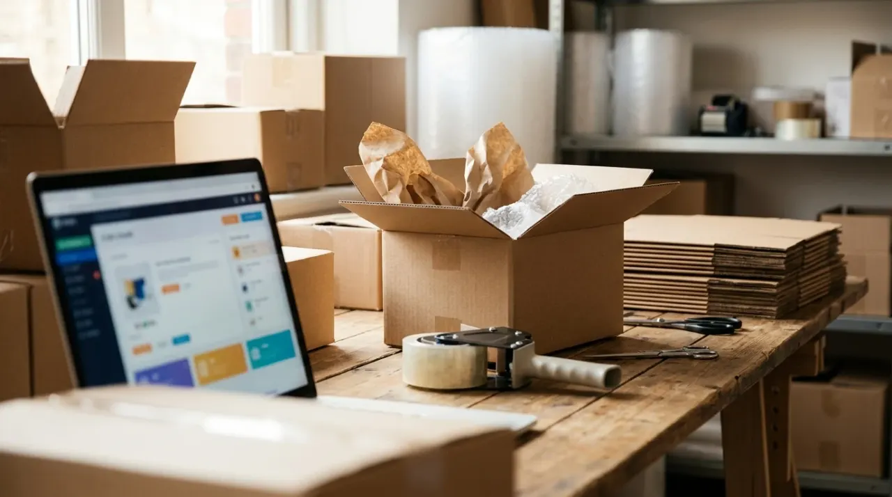 Negozio online preparazione ordini: scatole di cartone, nastro e un laptop con una pagina prodotto astratta, tavolo di lavoro