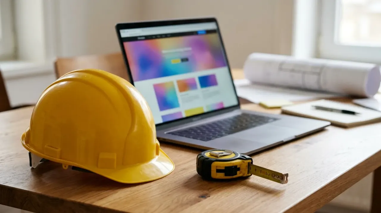 Casco da cantiere giallo e metro a nastro su un tavolo accanto a un laptop con un sito astratto