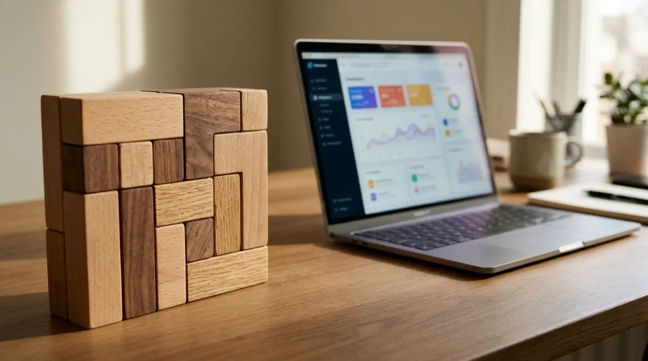 Blocchi di legno incastrati con precisione accanto a un laptop con un'interfaccia gestionale astratta, scrivania
