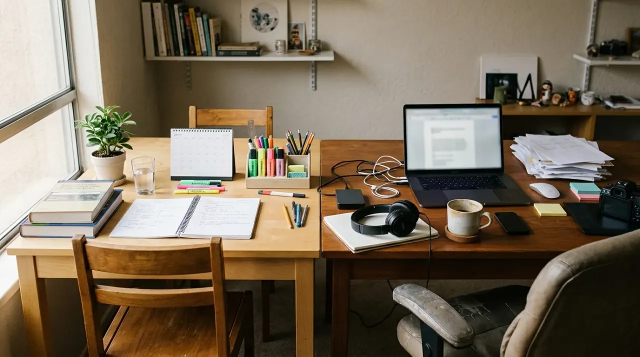 Due scrivanie affiancate, una ordinata di studio e una singola di un freelance con laptop