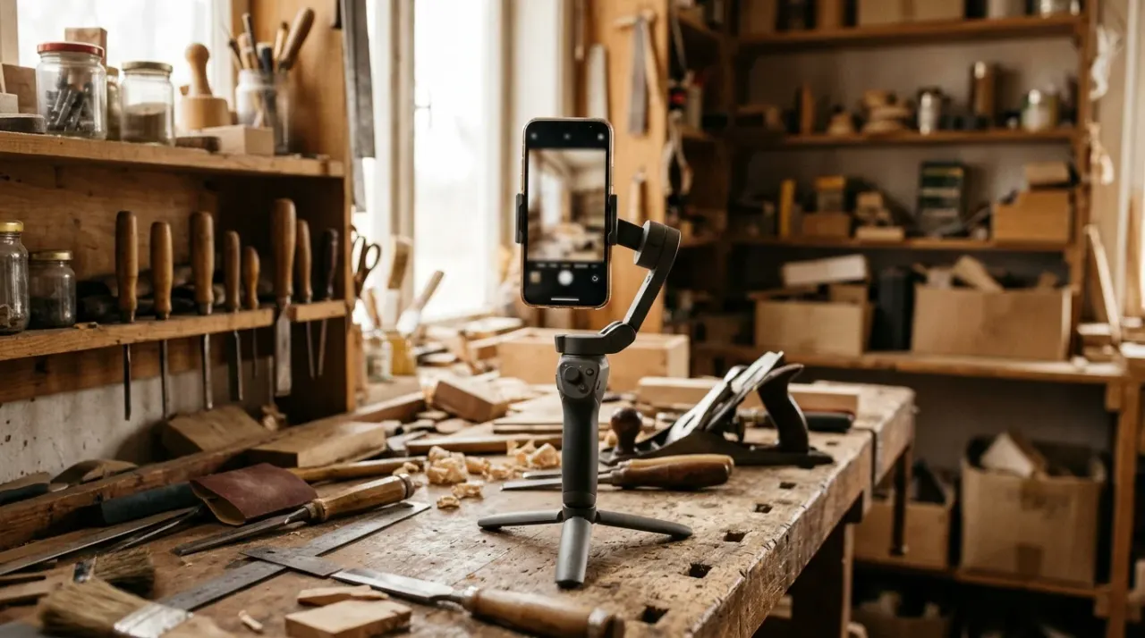 Smartphone in verticale su un gimbal in una piccola attività artigianale