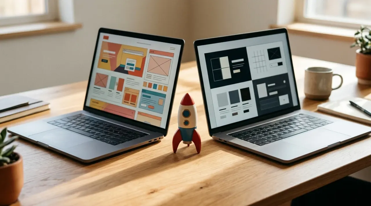 Due laptop affiancati con layout di sito diversi astratti e un piccolo razzo giocattolo sulla scrivania