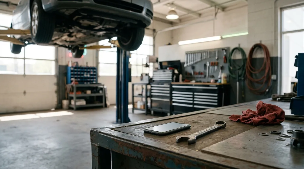 Officina con auto sul ponte sollevatore e smartphone con chiave inglese sul banco